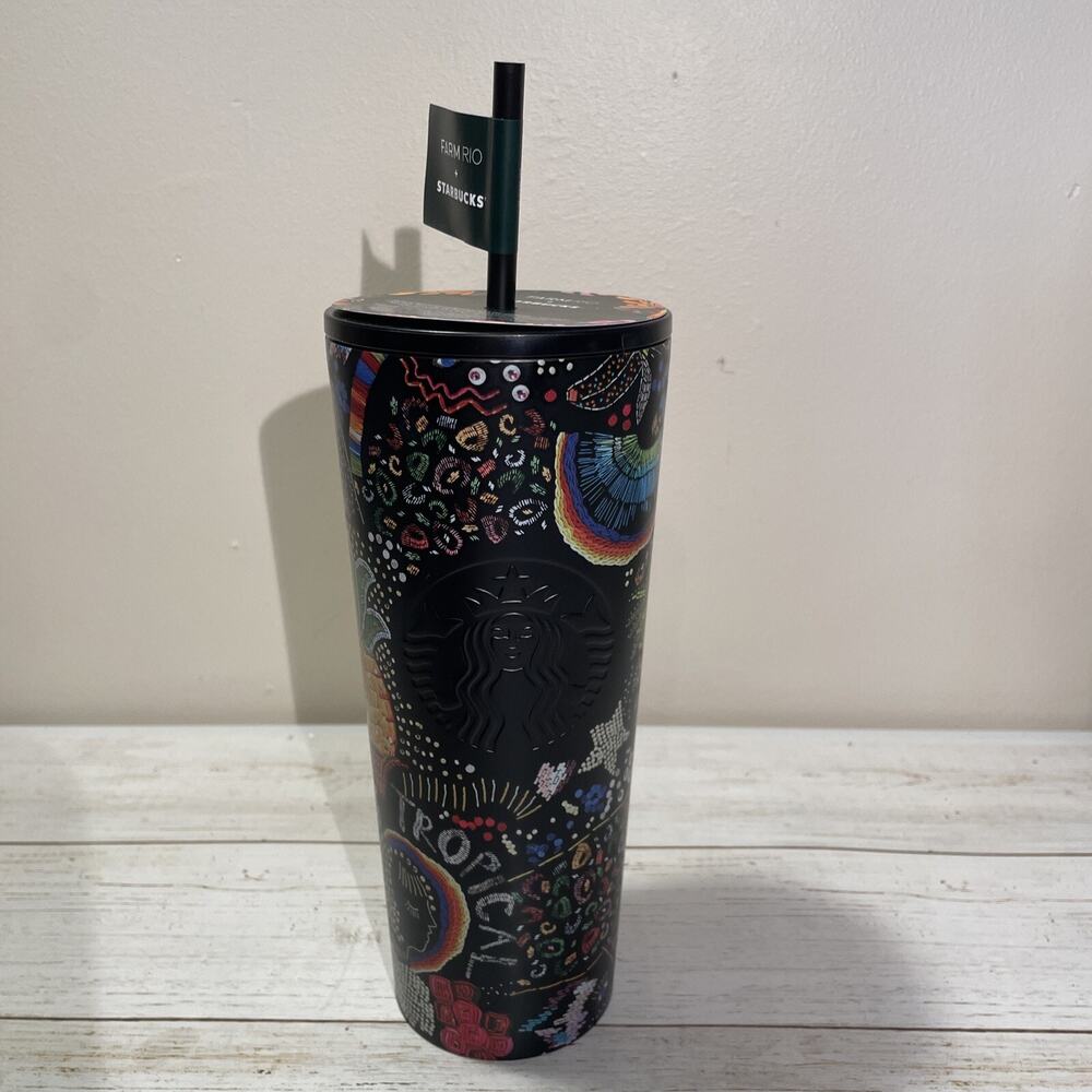 Starbucks Farm Rio Borogodo 24 Oz Black Graphic Print Stainless Tumbler w Straw